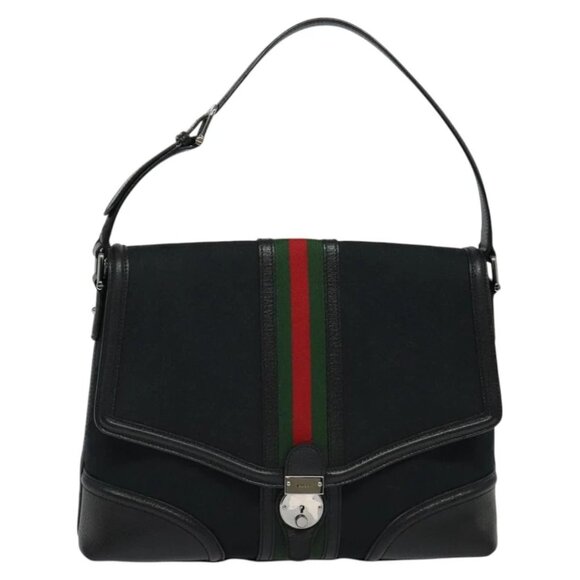 GUCCI Web Sherry Line GG Canvas Shoulder Bag Black Red Green Auth 126871 - Picture 7 of 16